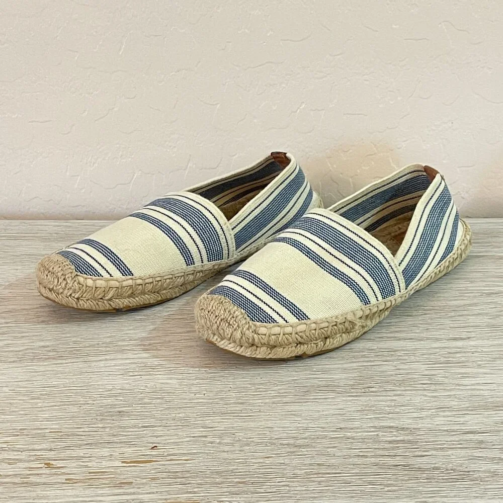 Tory Burch Espadrille Flats Slip On Shoes Ivory Navy Blue Stripe 7